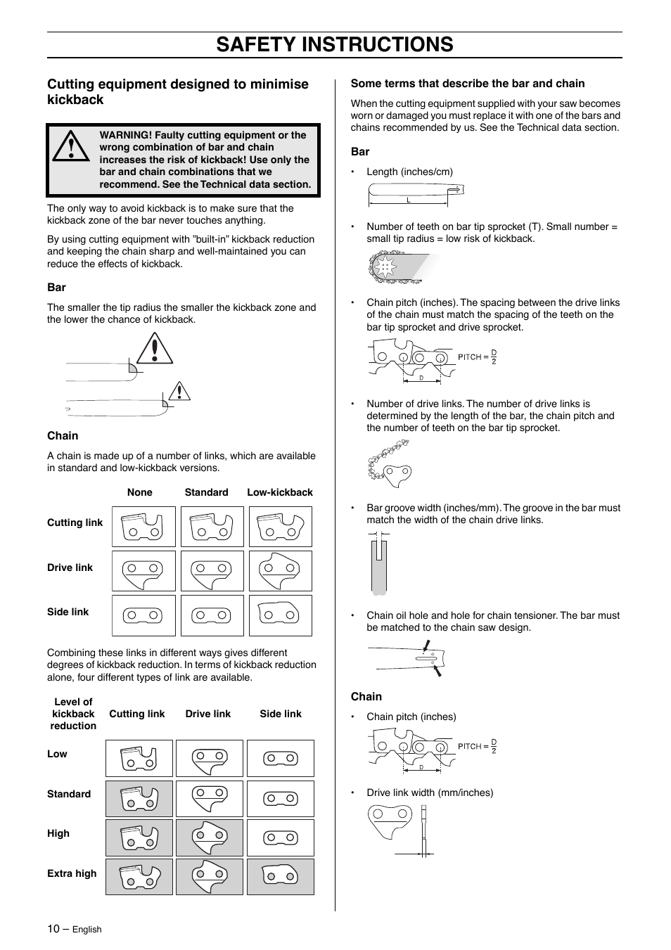 Cutting equipment designed to minimise kickback, Safety instructions | Husqvarna 55 Rancher User Manual | Page 10 / 40