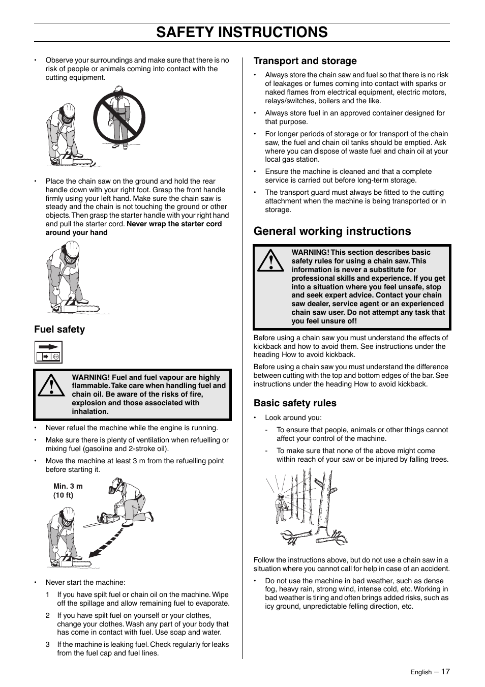 Fuel safety, Transport and storage, General working instructions | Basic safety rules, Safety instructions | Husqvarna 55 Rancher User Manual | Page 17 / 40