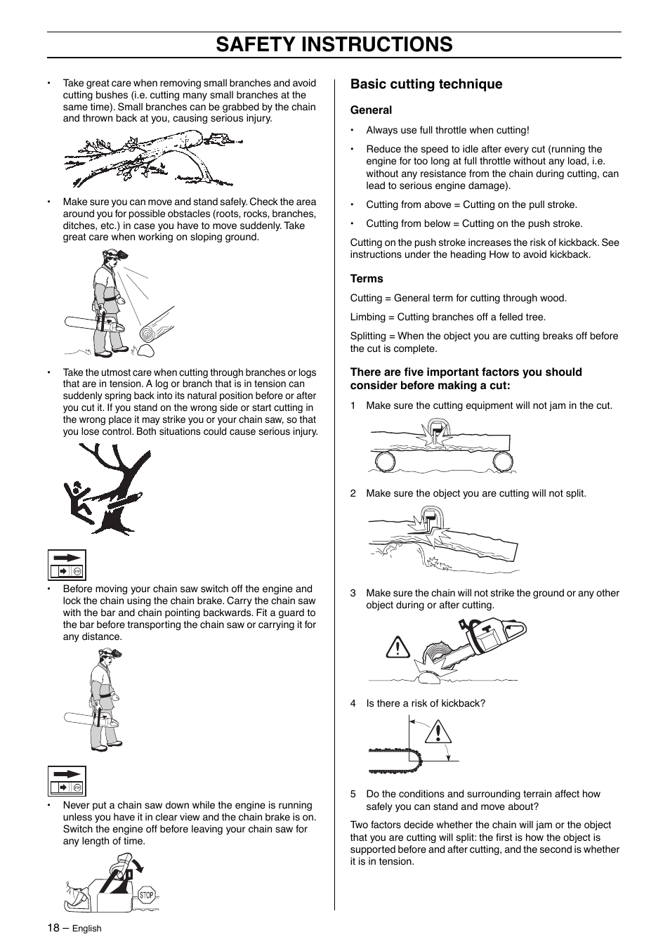 Basic cutting technique, Safety instructions | Husqvarna 55 Rancher User Manual | Page 18 / 40