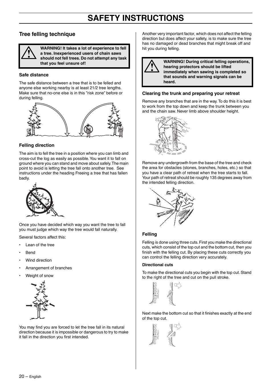 Tree felling technique, Safety instructions | Husqvarna 55 Rancher User Manual | Page 20 / 40