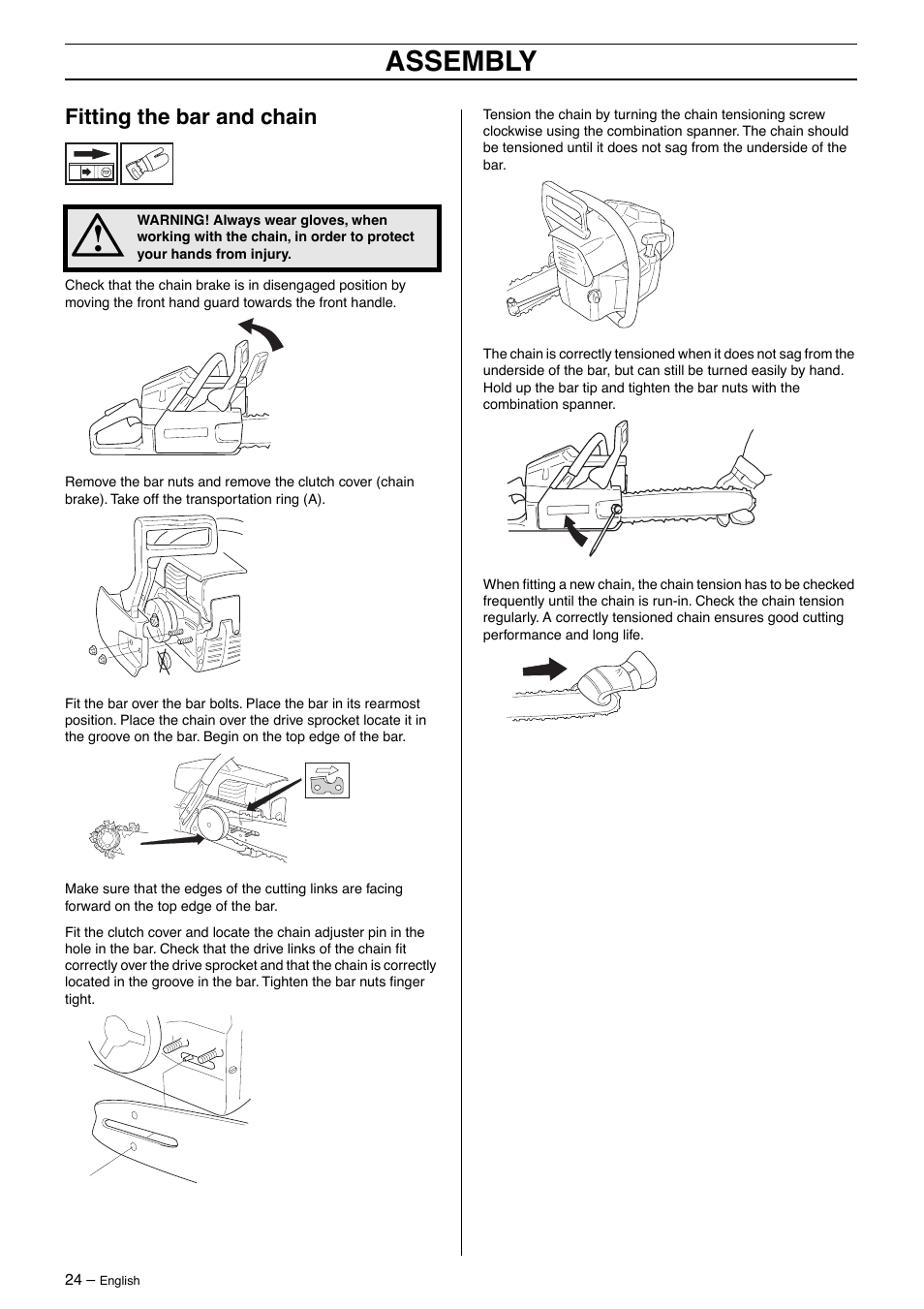 Fitting the bar and chain, Assembly | Husqvarna 55 Rancher User Manual | Page 24 / 40
