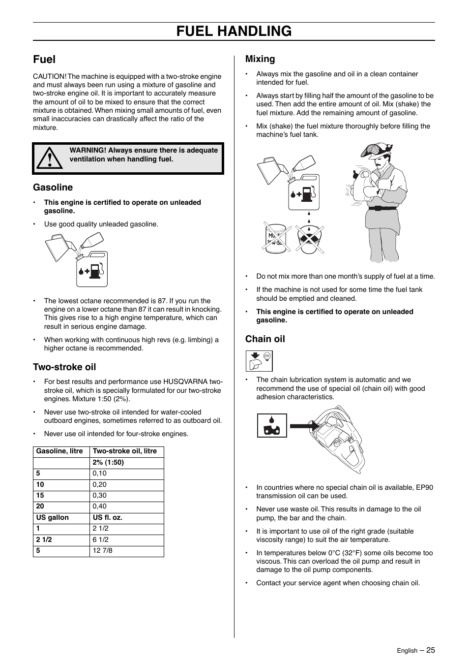Fuel, Gasoline, Two-stroke oil | Mixing, Chain oil, Fuel handling | Husqvarna 55 Rancher User Manual | Page 25 / 40
