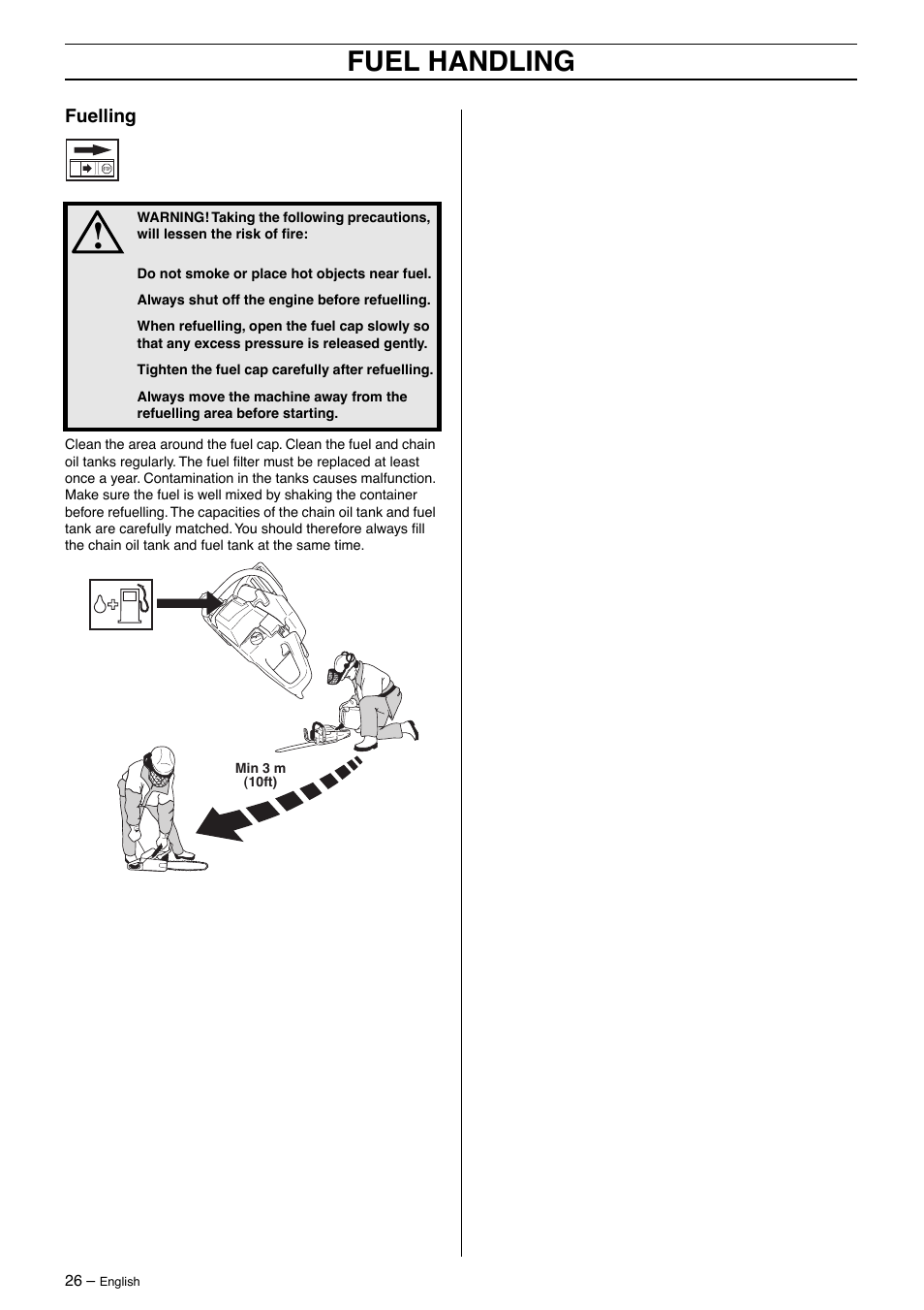 Fuelling, Fuel handling | Husqvarna 55 Rancher User Manual | Page 26 / 40