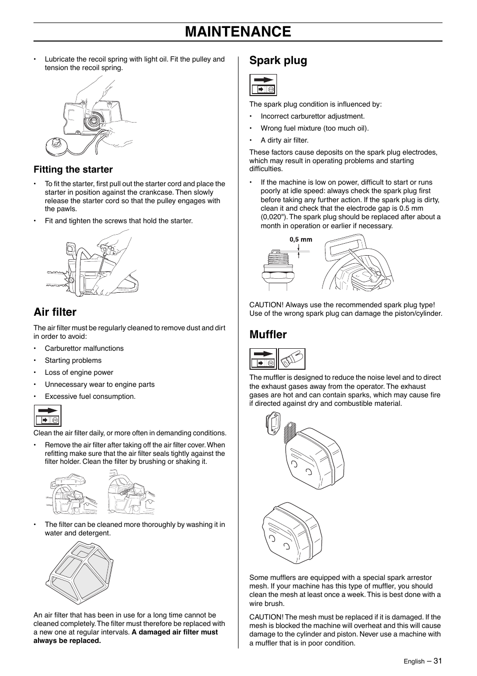 Fitting the starter, Air filter, Spark plug | Muffler, Maintenance | Husqvarna 55 Rancher User Manual | Page 31 / 40