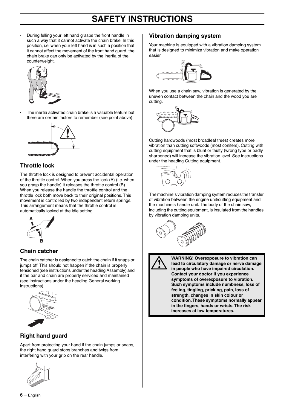 Throttle lock, Chain catcher, Right hand guard | Vibration damping system, Safety instructions | Husqvarna 55 Rancher User Manual | Page 6 / 40