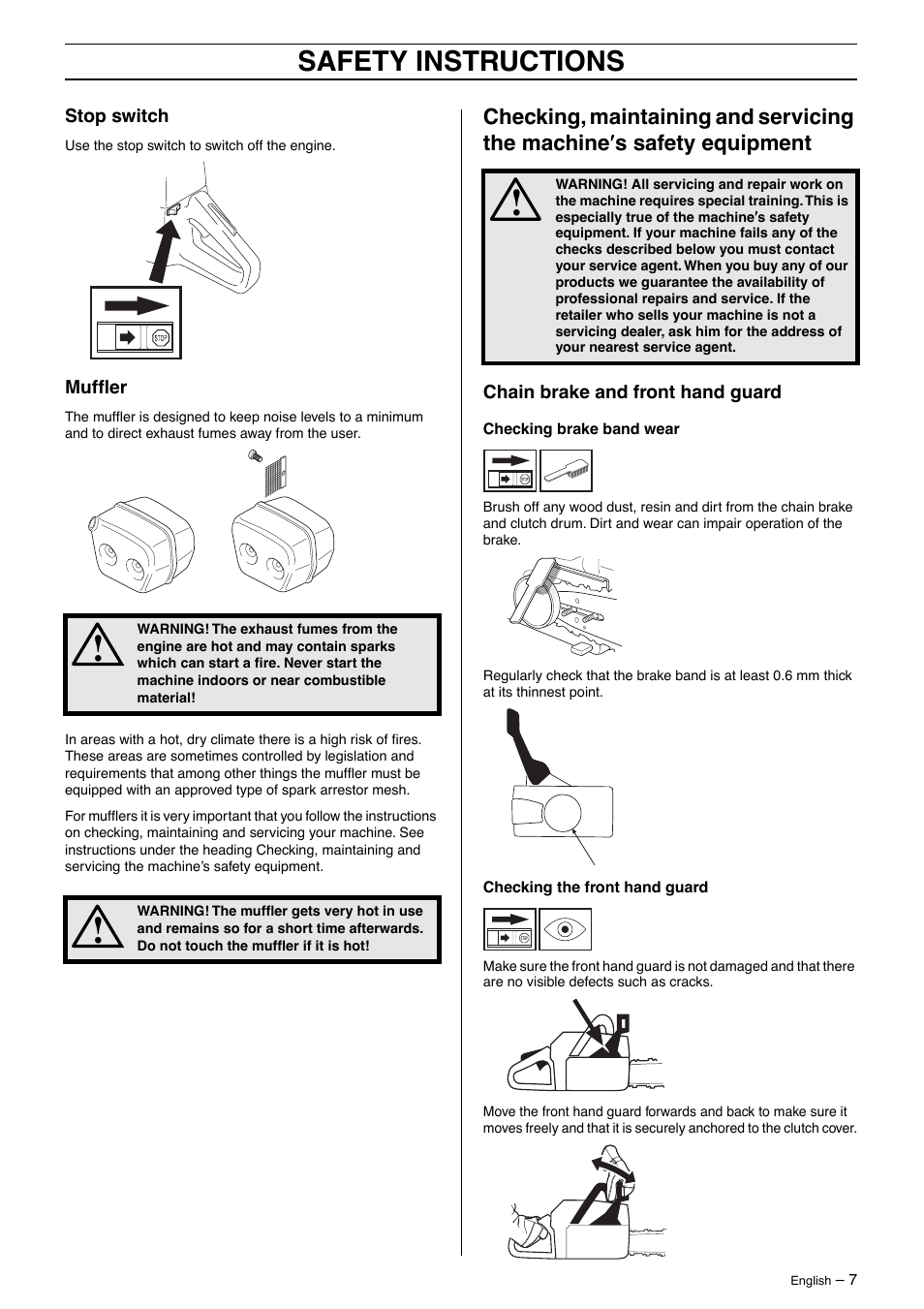 Stop switch, Muffler, Chain brake and front hand guard | Safety instructions | Husqvarna 55 Rancher User Manual | Page 7 / 40