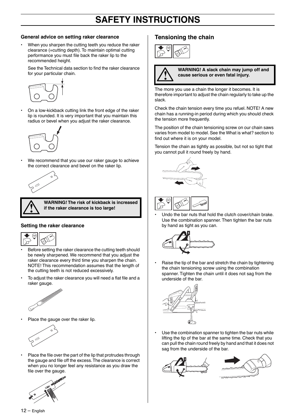 Tensioning the chain, Safety instructions | Husqvarna 345 User Manual | Page 12 / 40