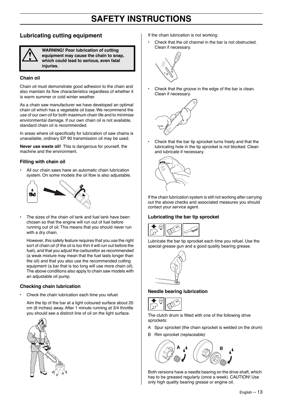 Lubricating cutting equipment, Safety instructions | Husqvarna 345 User Manual | Page 13 / 40