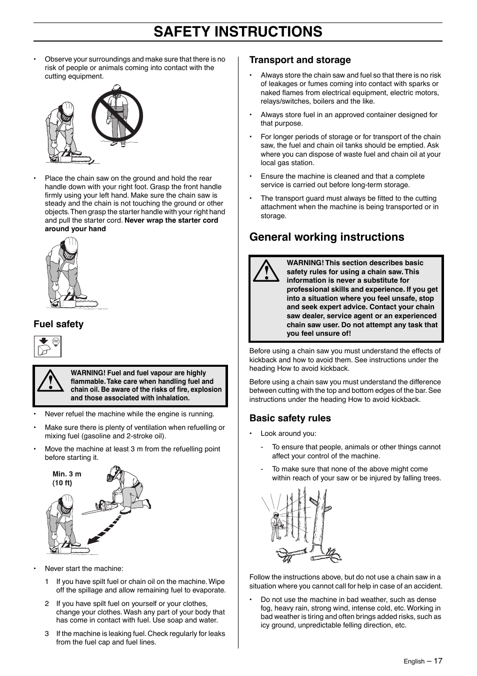 Fuel safety, Transport and storage, General working instructions | Basic safety rules, Safety instructions | Husqvarna 345 User Manual | Page 17 / 40