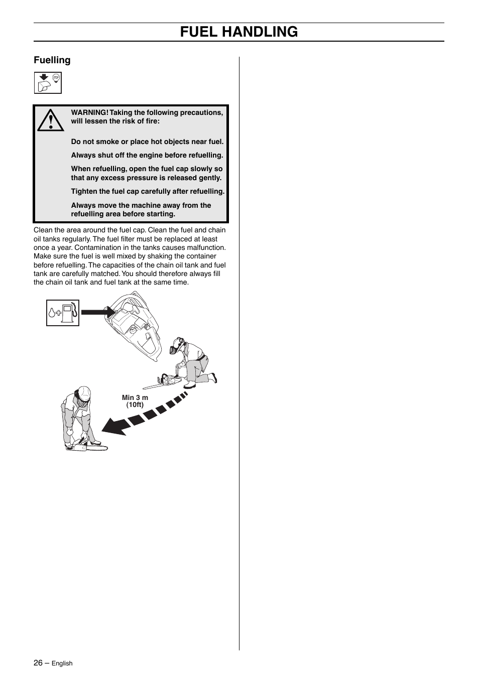 Fuelling, Fuel handling | Husqvarna 345 User Manual | Page 26 / 40