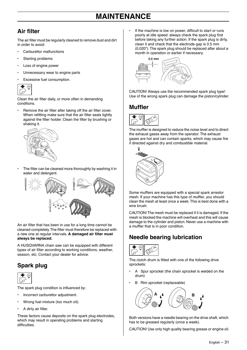 Air filter, Spark plug, Muffler | Needle bearing lubrication, Maintenance | Husqvarna 345 User Manual | Page 31 / 40