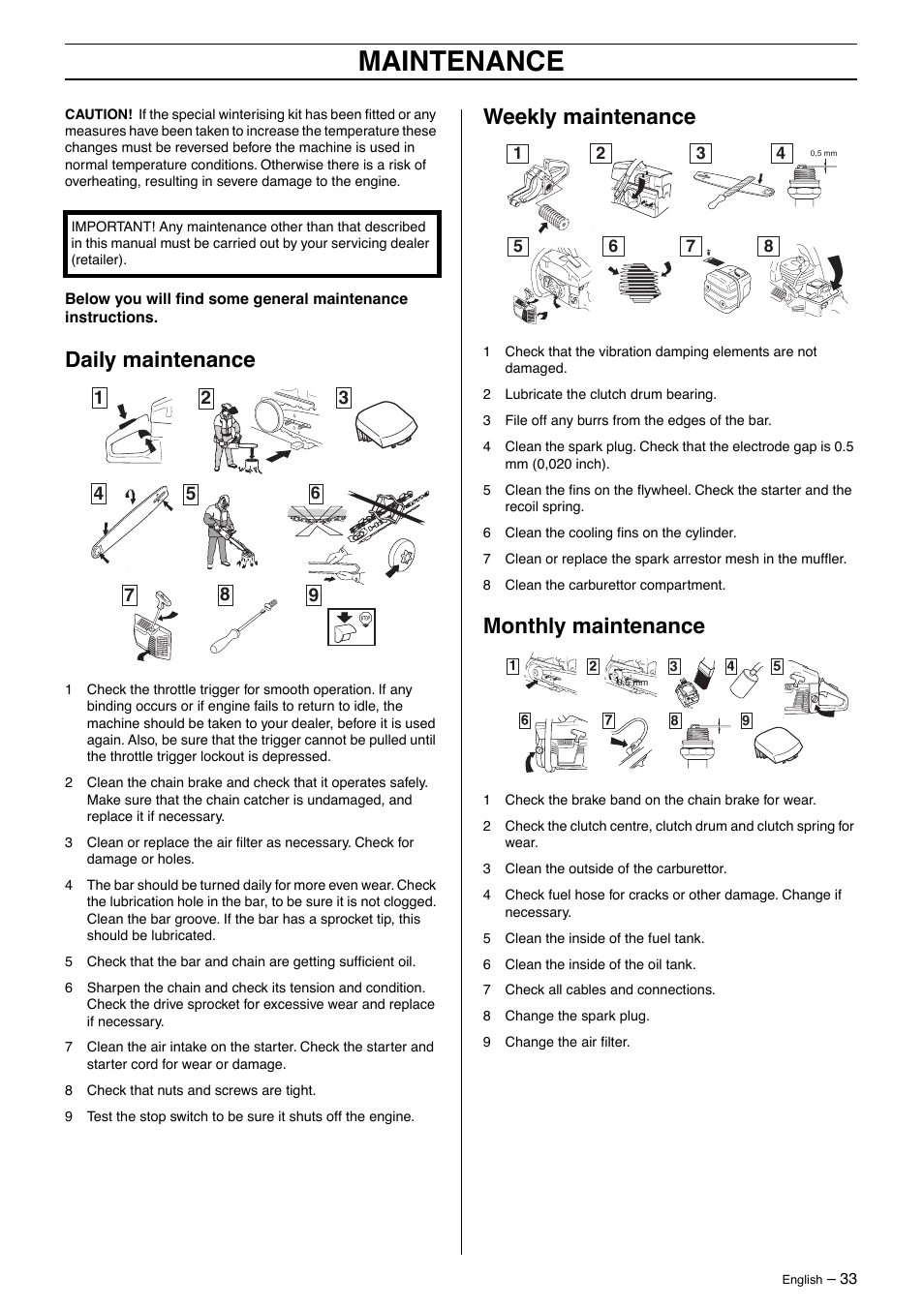 Daily maintenance, Weekly maintenance, Monthly maintenance | Maintenance | Husqvarna 345 User Manual | Page 33 / 40