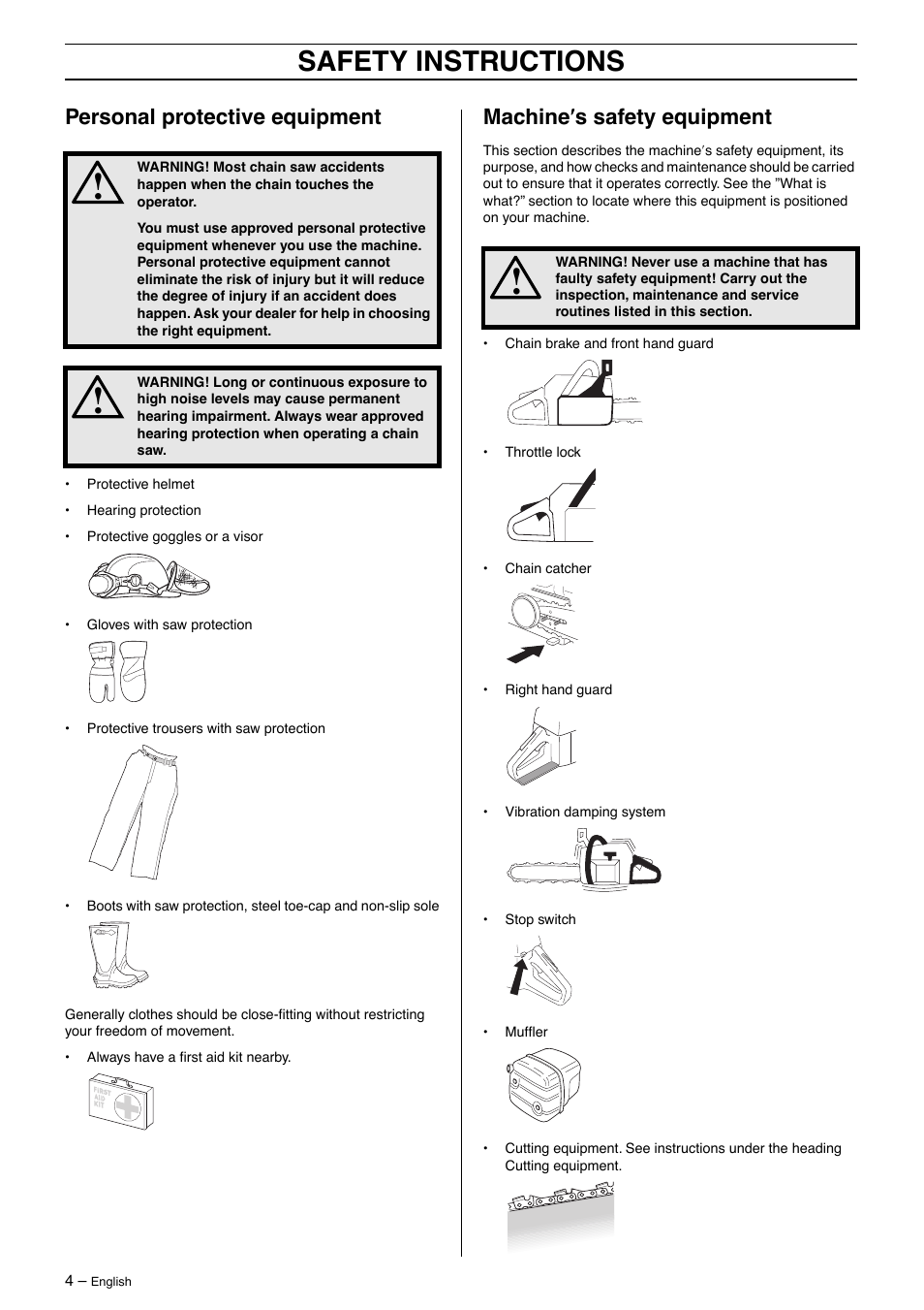 Personal protective equipment, Machine¢s safety equipment, Safety instructions | Machine ′′′′ s safety equipment | Husqvarna 345 User Manual | Page 4 / 40