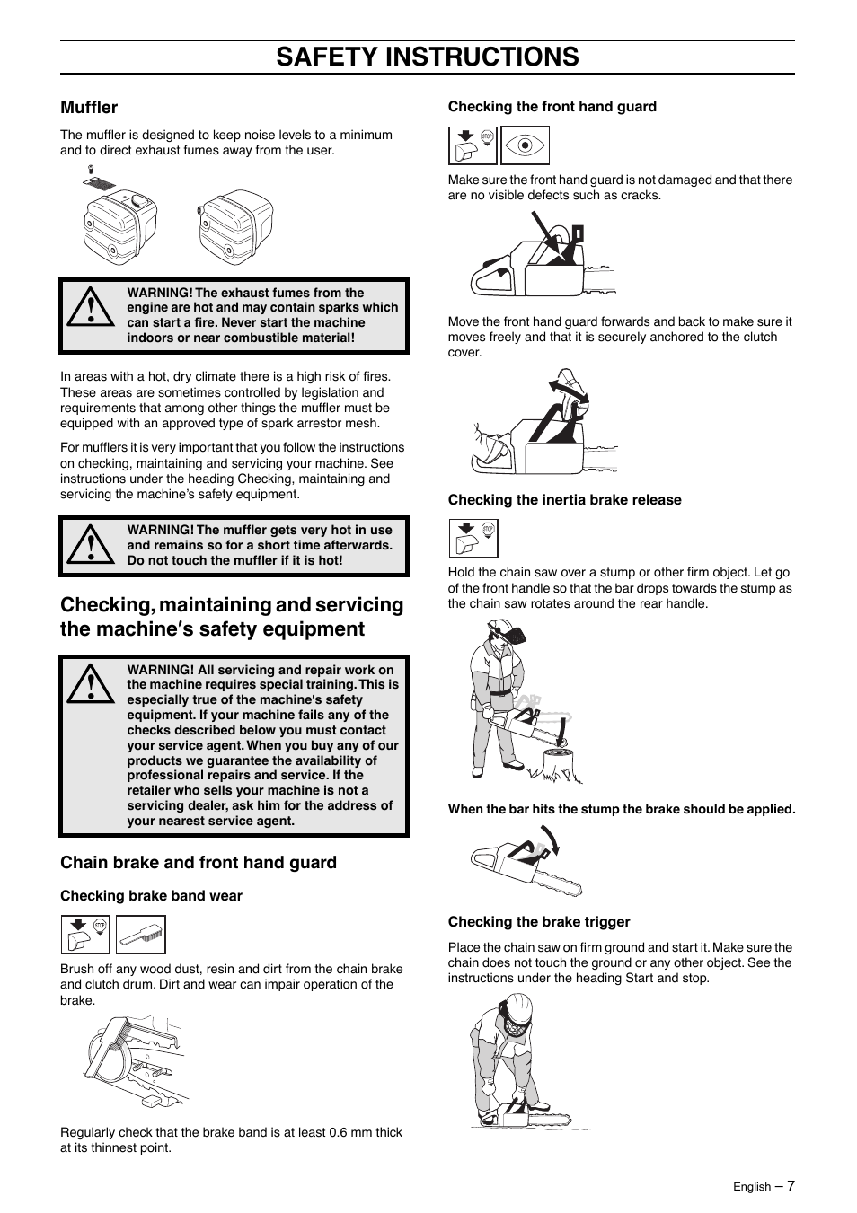 Muffler, Chain brake and front hand guard, Safety instructions | Husqvarna 345 User Manual | Page 7 / 40