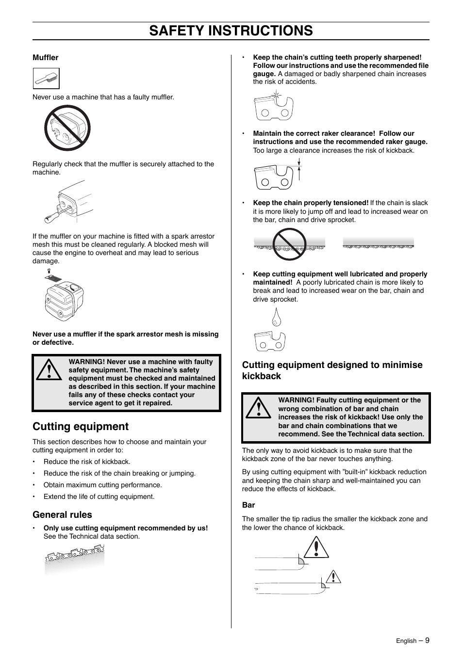 Cutting equipment, General rules, Cutting equipment designed to minimise kickback | Safety instructions | Husqvarna 345 User Manual | Page 9 / 40