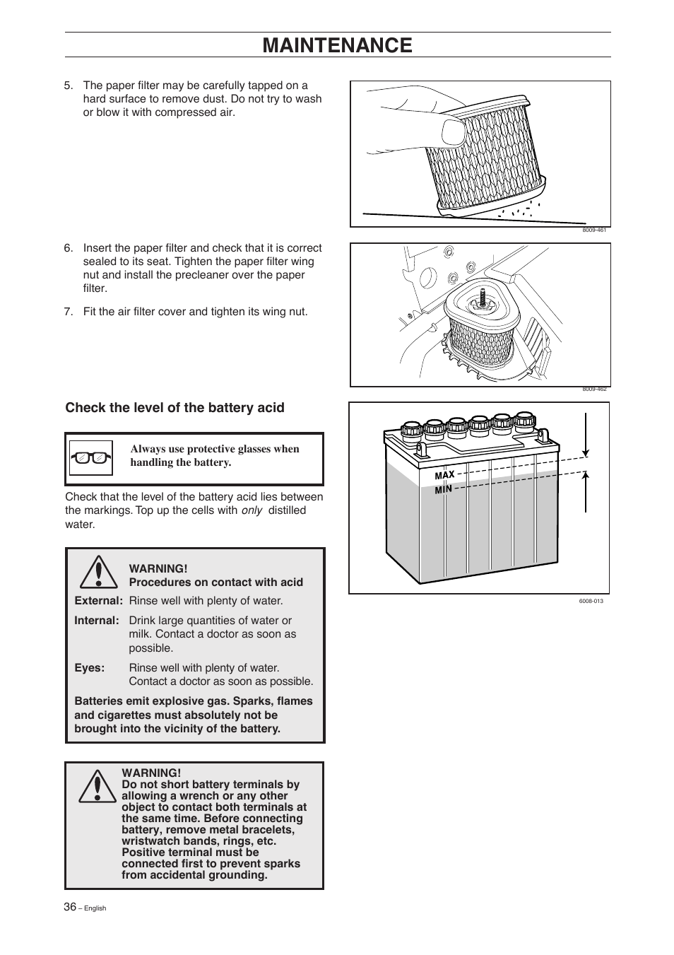 Maintenance, Check the level of the battery acid | Husqvarna 155 User Manual | Page 38 / 60