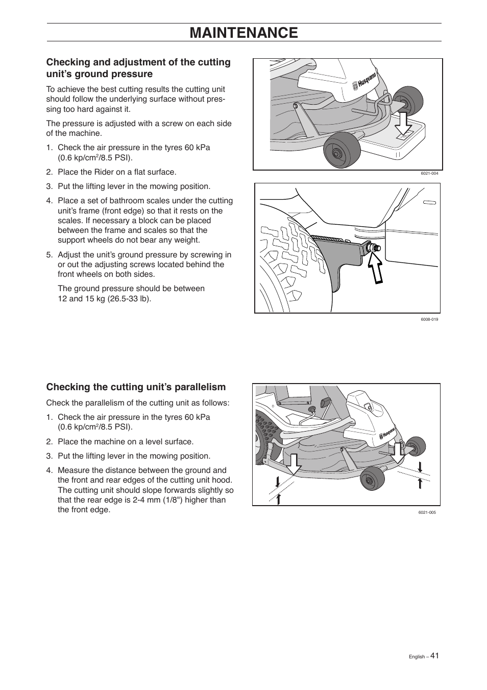 Maintenance, Checking the cutting unit’s parallelism | Husqvarna 155 User Manual | Page 43 / 60