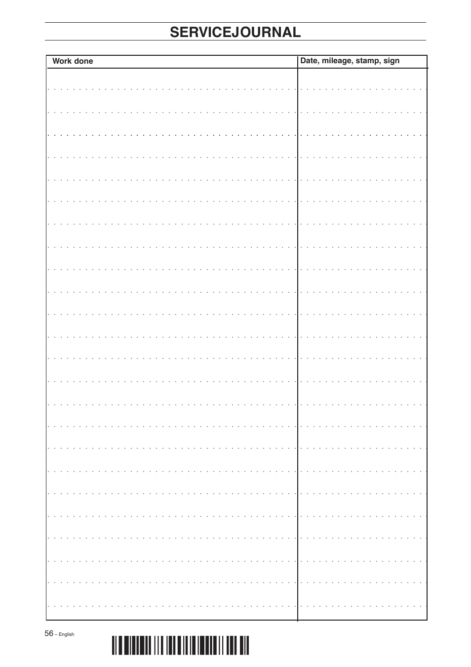 Z+r23¶5l, Servicejournal | Husqvarna 155 User Manual | Page 58 / 60