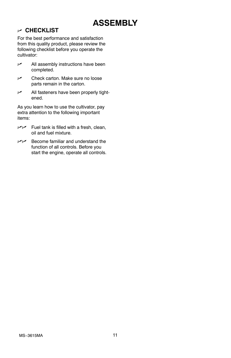 Assembly, Checklist | Husqvarna CT20 User Manual | Page 11 / 30