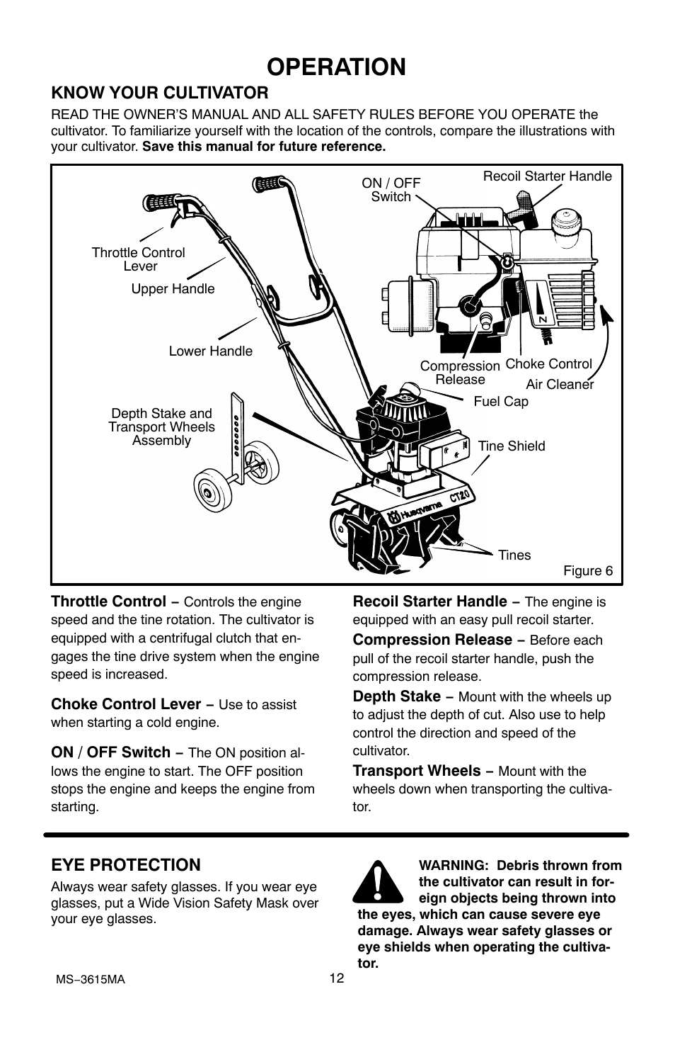 Operation, Know your cultivator, Eye protection | Husqvarna CT20 User Manual | Page 12 / 30