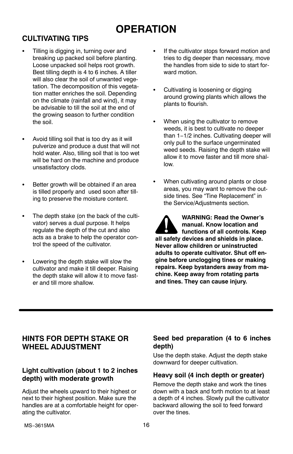 Operation, Cultivating tips, Hints for depth stake or wheel adjustment | Husqvarna CT20 User Manual | Page 16 / 30