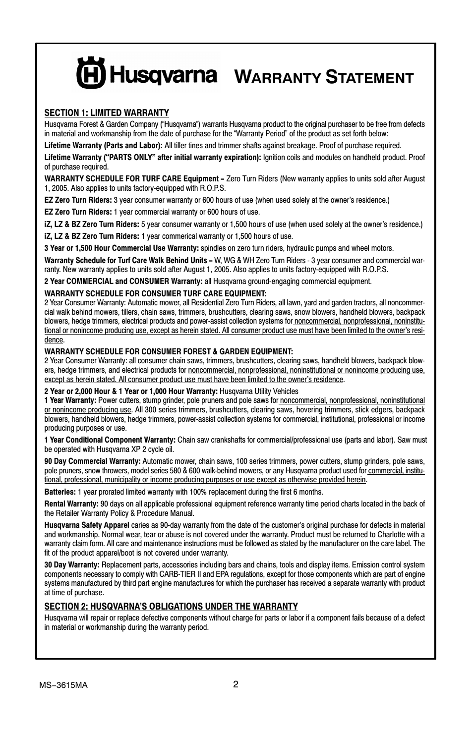 Arranty, Tatement | Husqvarna CT20 User Manual | Page 2 / 30