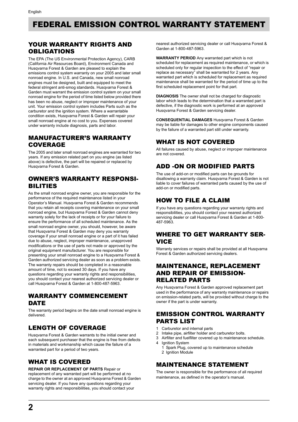 Federal emission control warranty statement | Husqvarna 170BT User Manual | Page 2 / 17