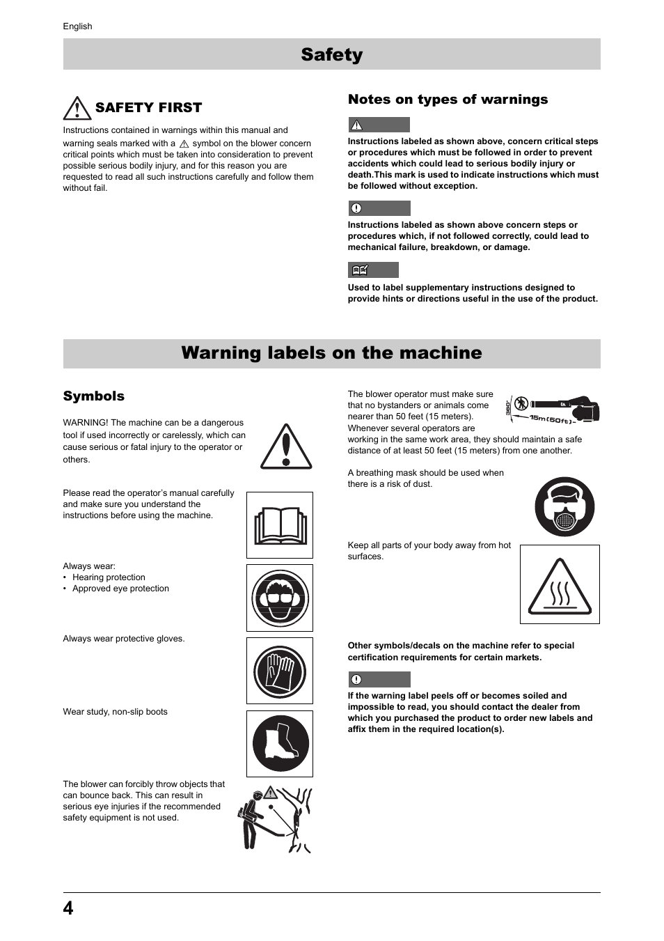 Warning labels on the machine, Warning labels on the machine safety, Safety first | Symbols | Husqvarna 170BT User Manual | Page 4 / 17