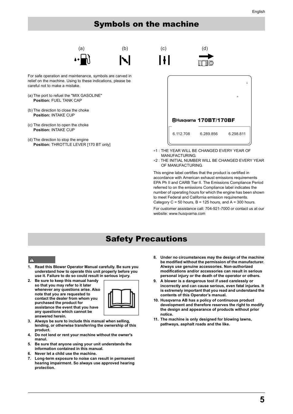 Symbols on the machine, Safety precautions, Safety precautions symbols on the machine | Important engine information | Husqvarna 170BT User Manual | Page 5 / 17