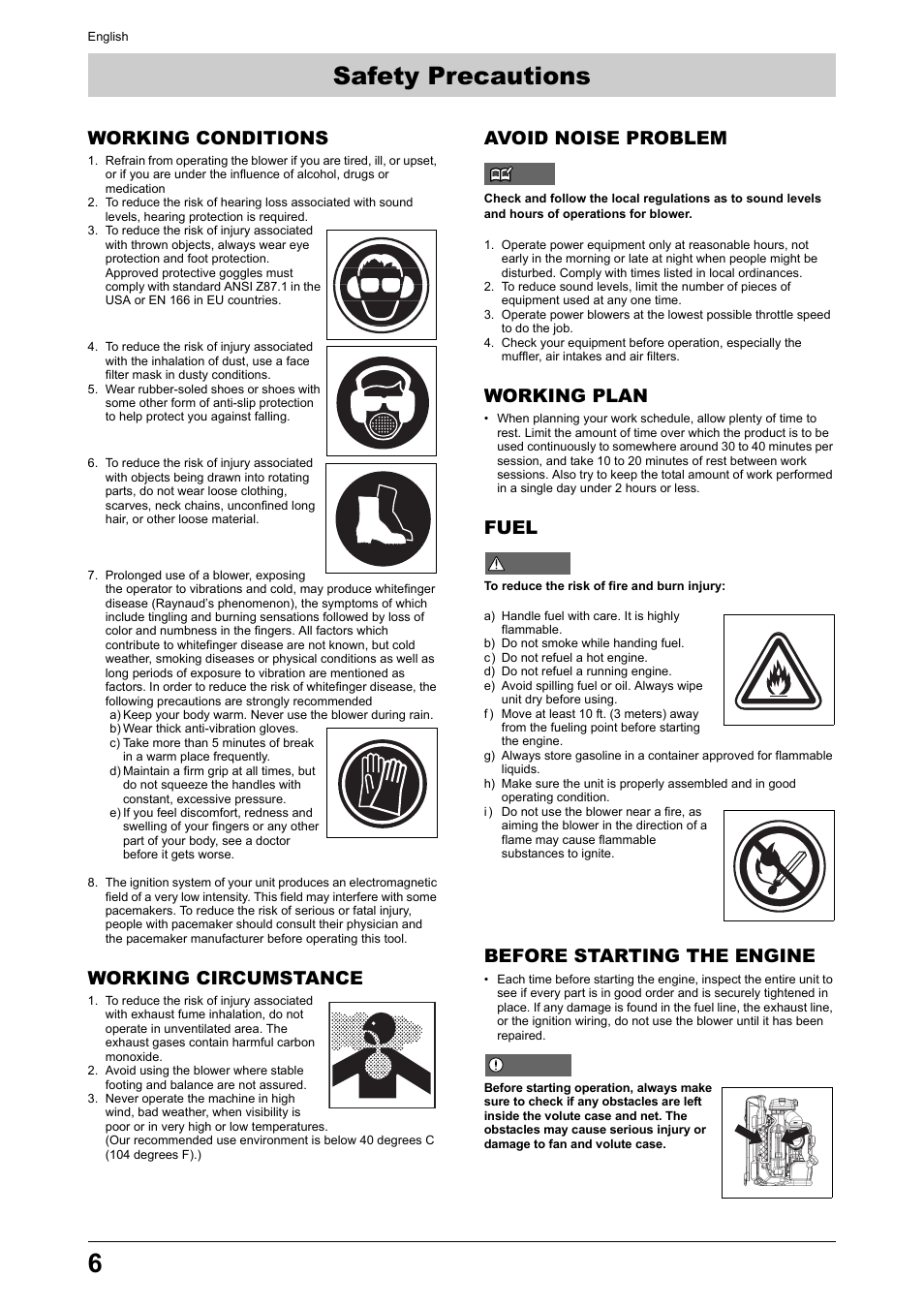 Safety precautions, Working conditions, Working circumstance | Avoid noise problem, Working plan, Fuel, Before starting the engine | Husqvarna 170BT User Manual | Page 6 / 17