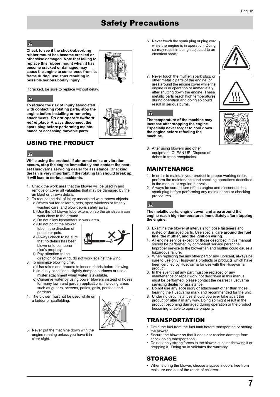 Safety precautions, Using the product, Maintenance | Transportation, Storage | Husqvarna 170BT User Manual | Page 7 / 17