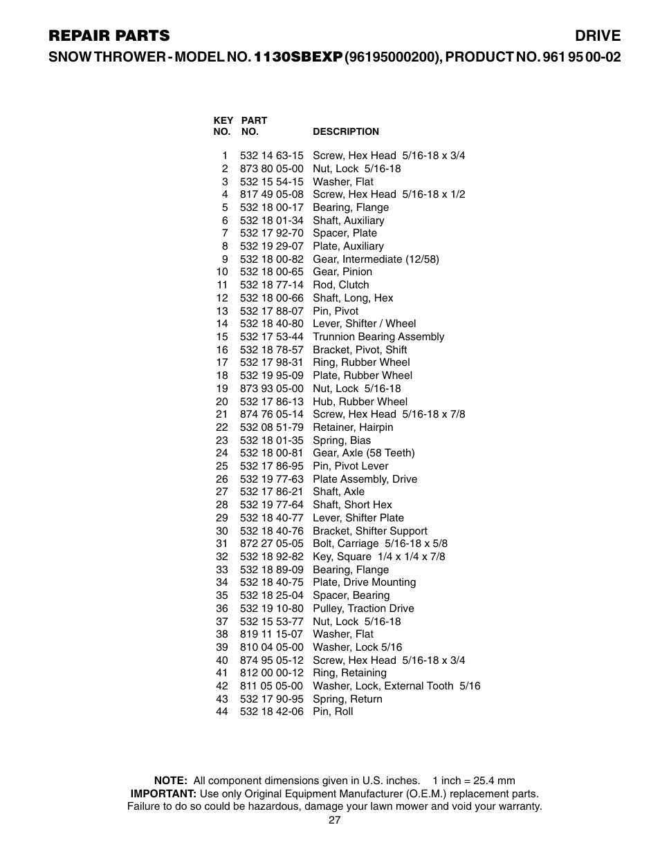 Repair parts drive | Husqvarna 1130SBEXP User Manual | Page 27 / 32