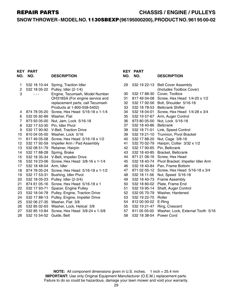 Repair parts chassis / engine / pulleys | Husqvarna 1130SBEXP User Manual | Page 29 / 32