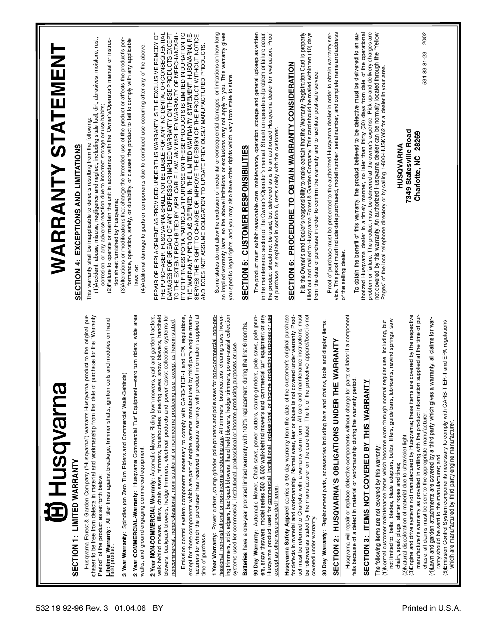 Wa r ranty st a tement | Husqvarna 1130SBEXP User Manual | Page 32 / 32