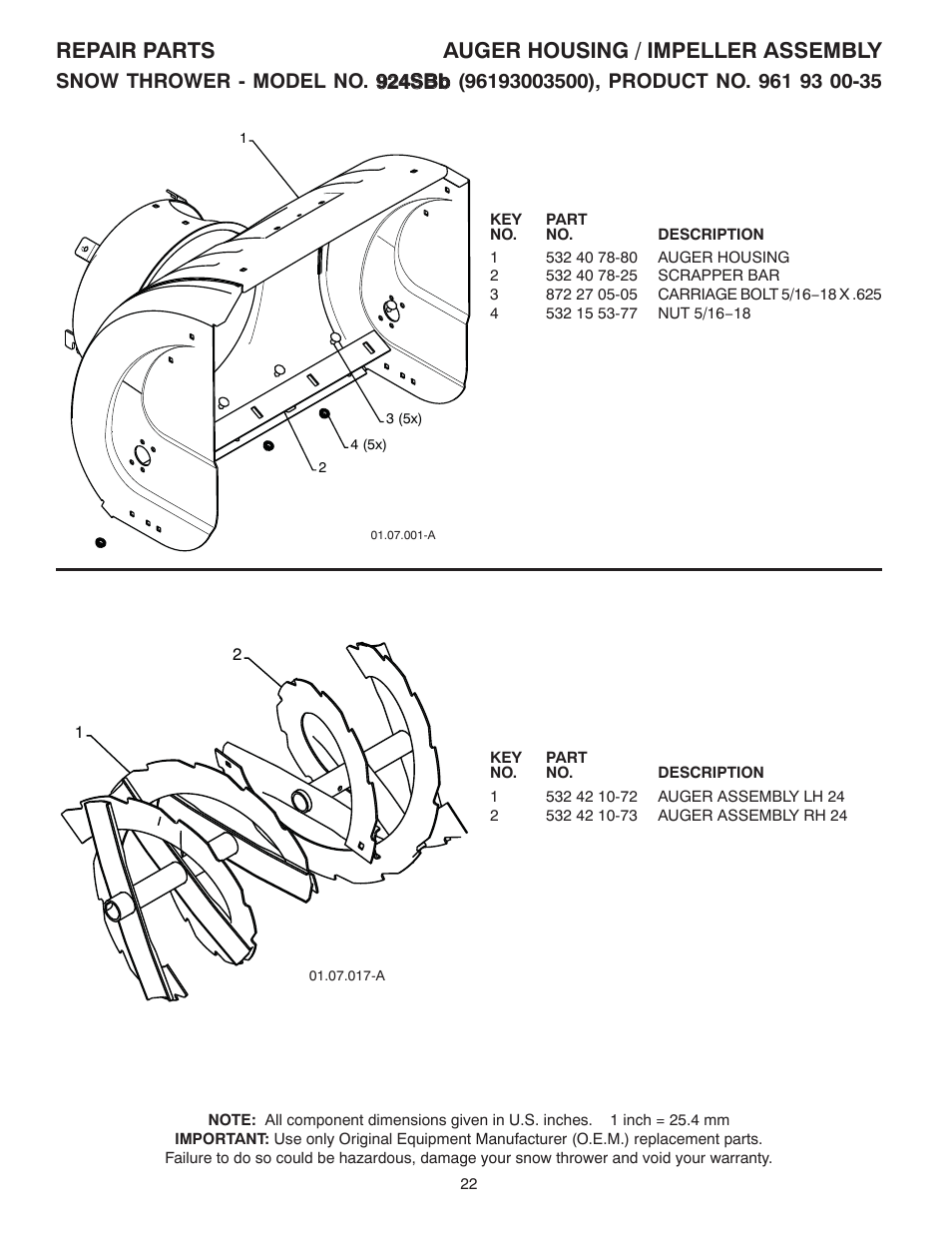 Auger housing, Repair parts auger housing / impeller assembly | Husqvarna 924SB User Manual | Page 22 / 40