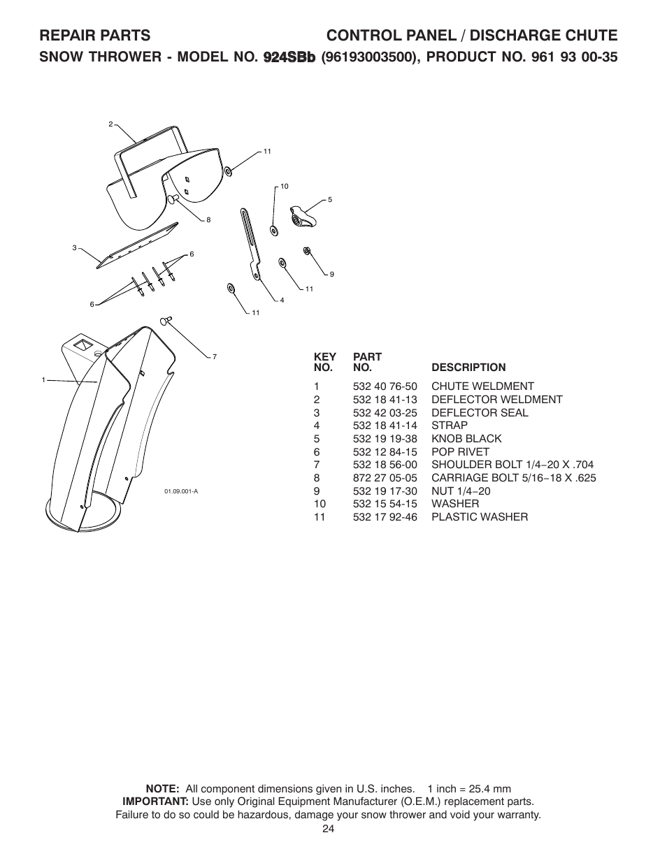 Discharge chute, Repair parts control panel / discharge chute | Husqvarna 924SB User Manual | Page 24 / 40