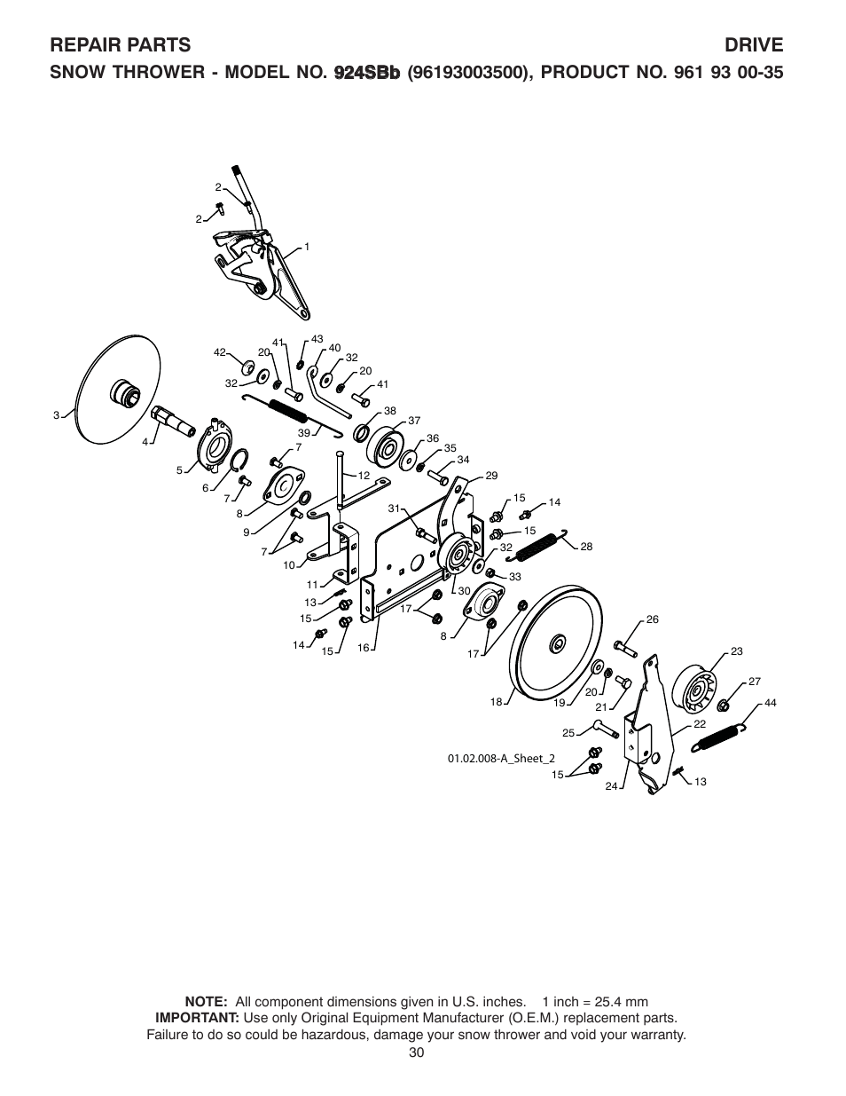 Drive, Repair parts drive | Husqvarna 924SB User Manual | Page 30 / 40