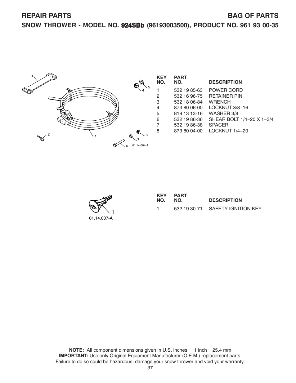 Bag of parts / key, Repair parts bag of parts | Husqvarna 924SB User Manual | Page 37 / 40