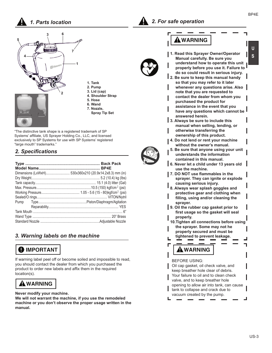 Parts location, Warning labels on the machine, For safe operation | Specifications 3. warning labels on the machine, Parts location 2. for safe operation | Husqvarna BP4E User Manual | Page 3 / 9