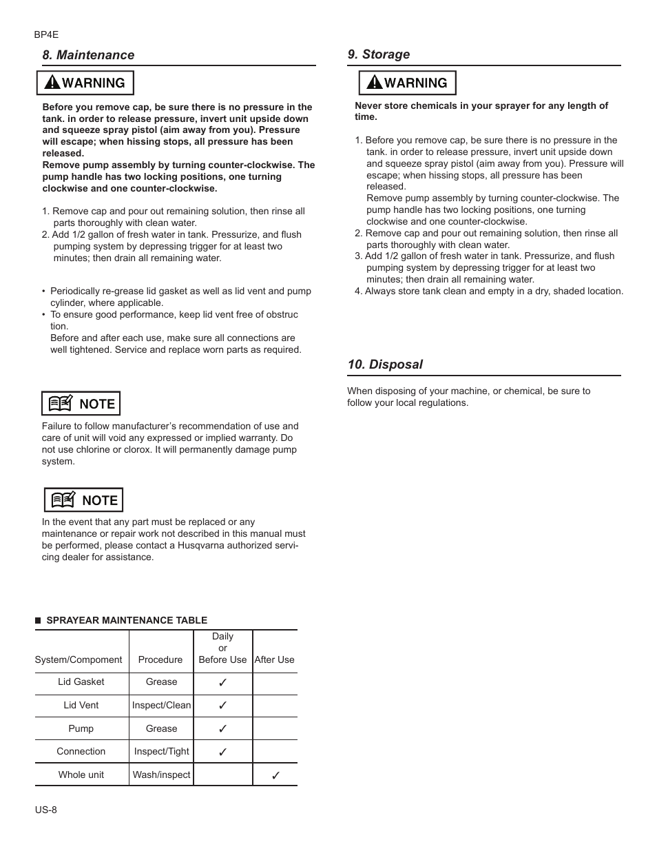 Maintenance, Storage, Disposal | Husqvarna BP4E User Manual | Page 8 / 9