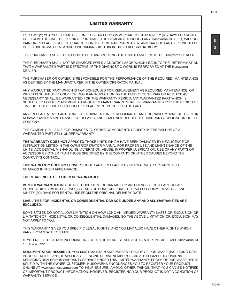 Limited warranty | Husqvarna BP4E User Manual | Page 9 / 9