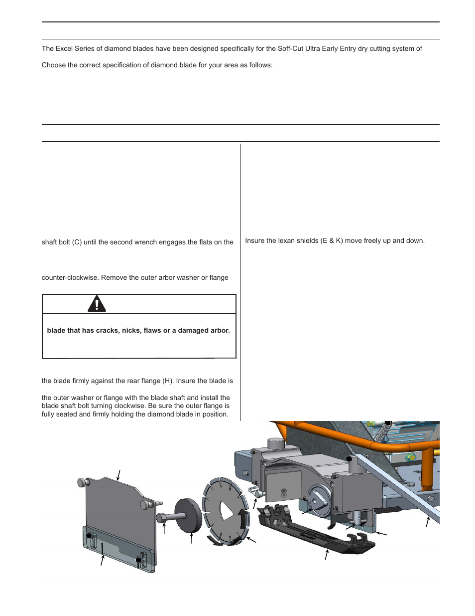 Excel series blades, Blade and skid plate installation, Warning | Husqvarna SOFF-CUT 150 User Manual | Page 6 / 16