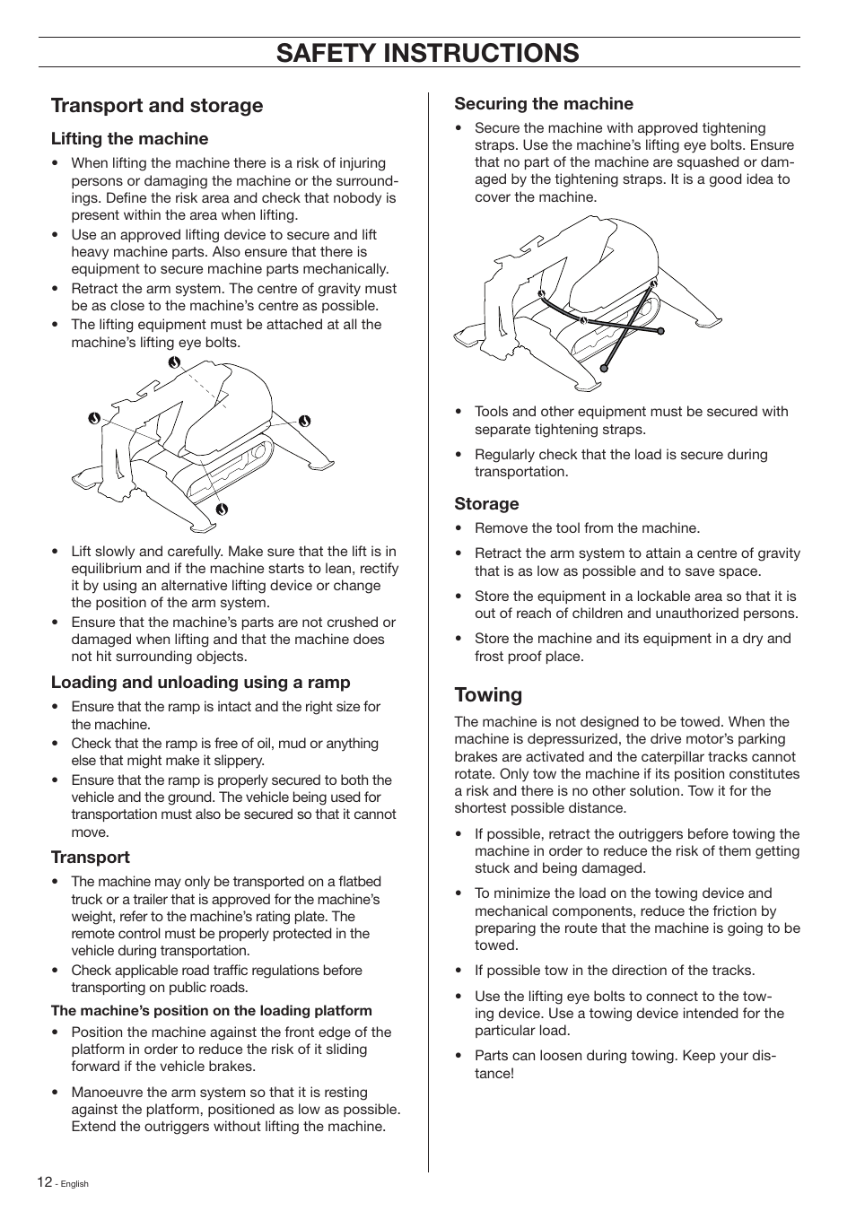 Safety instructions, Transport and storage, Towing | Husqvarna DXR-310 User Manual | Page 12 / 60