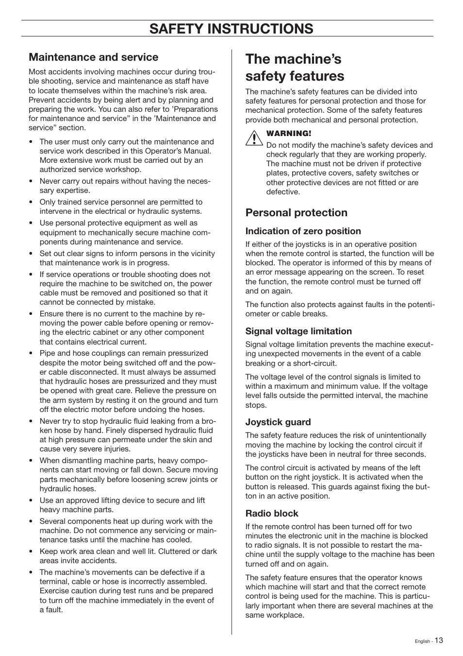 Safety instructions, The machine’s safety features, Maintenance and service | Personal protection | Husqvarna DXR-310 User Manual | Page 13 / 60