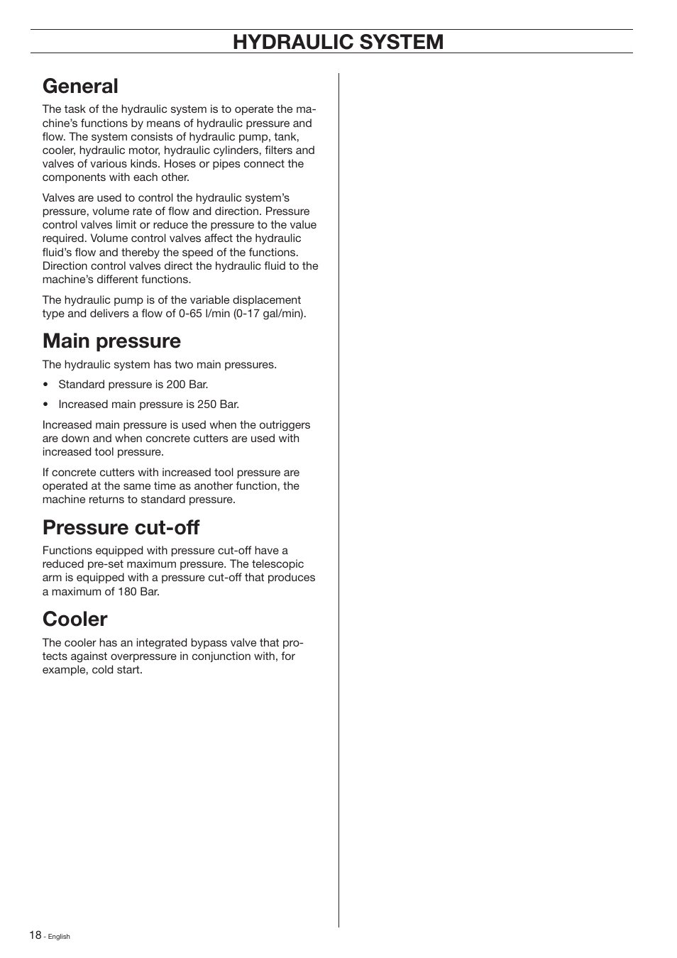 Hydraulic system, Hydraulic system general, Main pressure | Pressure cut-off, Cooler | Husqvarna DXR-310 User Manual | Page 18 / 60