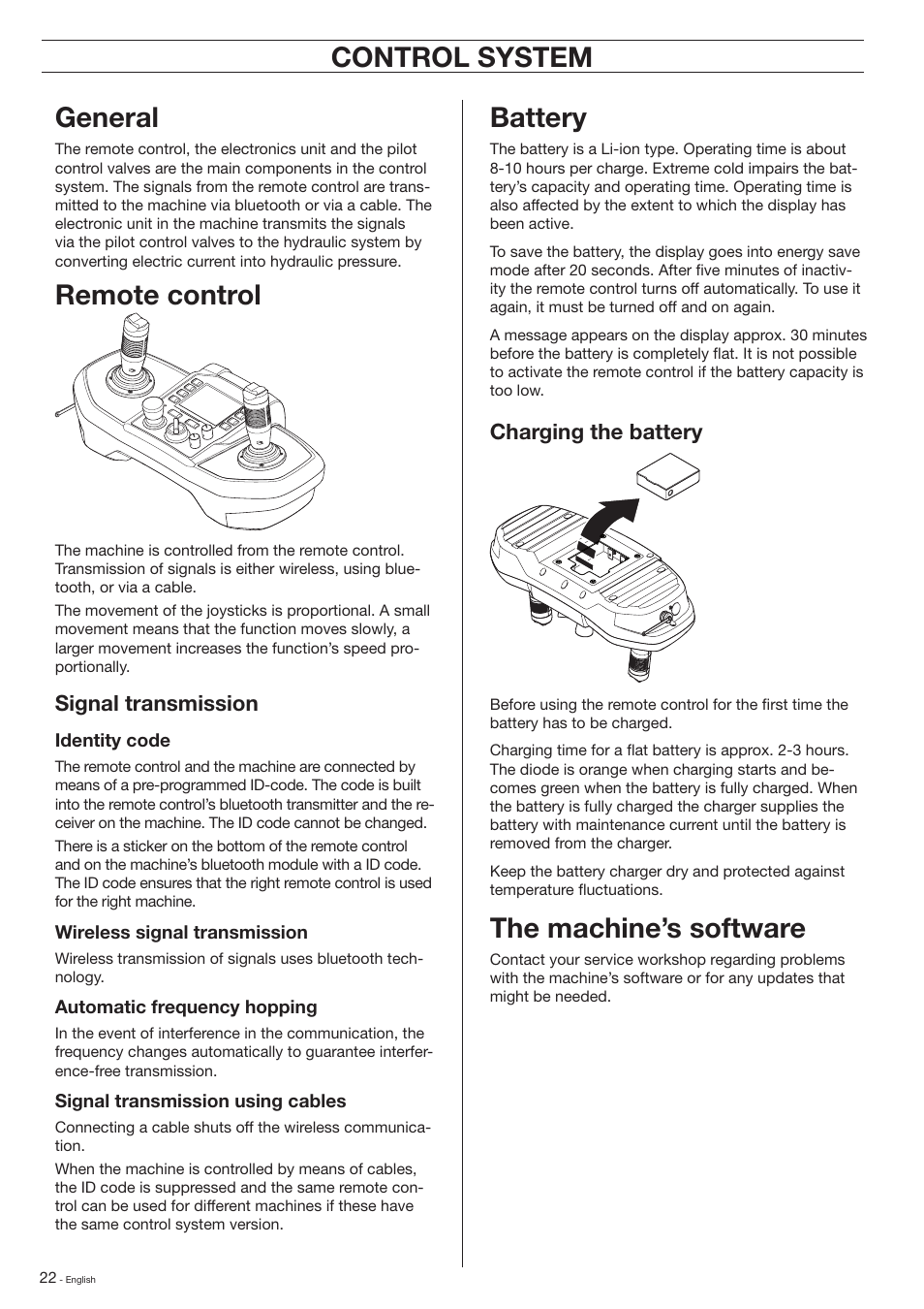 Control system, General, Remote control | Control system battery, The machine’s software | Husqvarna DXR-310 User Manual | Page 22 / 60