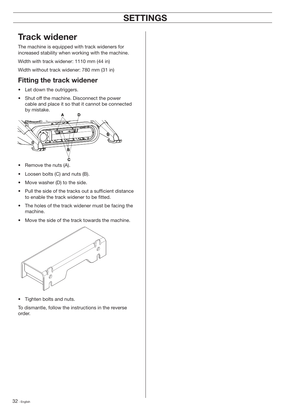 Settings, Settings track widener, Fitting the track widener | Husqvarna DXR-310 User Manual | Page 32 / 60