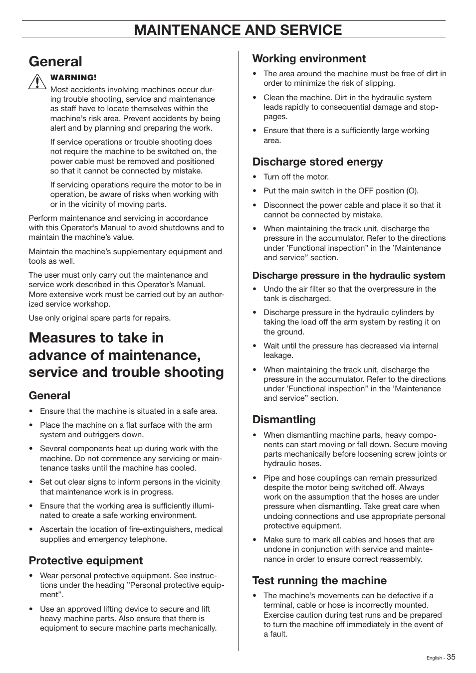 Maintenance and service, Maintenance and service general, General | Protective equipment, Working environment, Discharge stored energy, Dismantling, Test running the machine | Husqvarna DXR-310 User Manual | Page 35 / 60