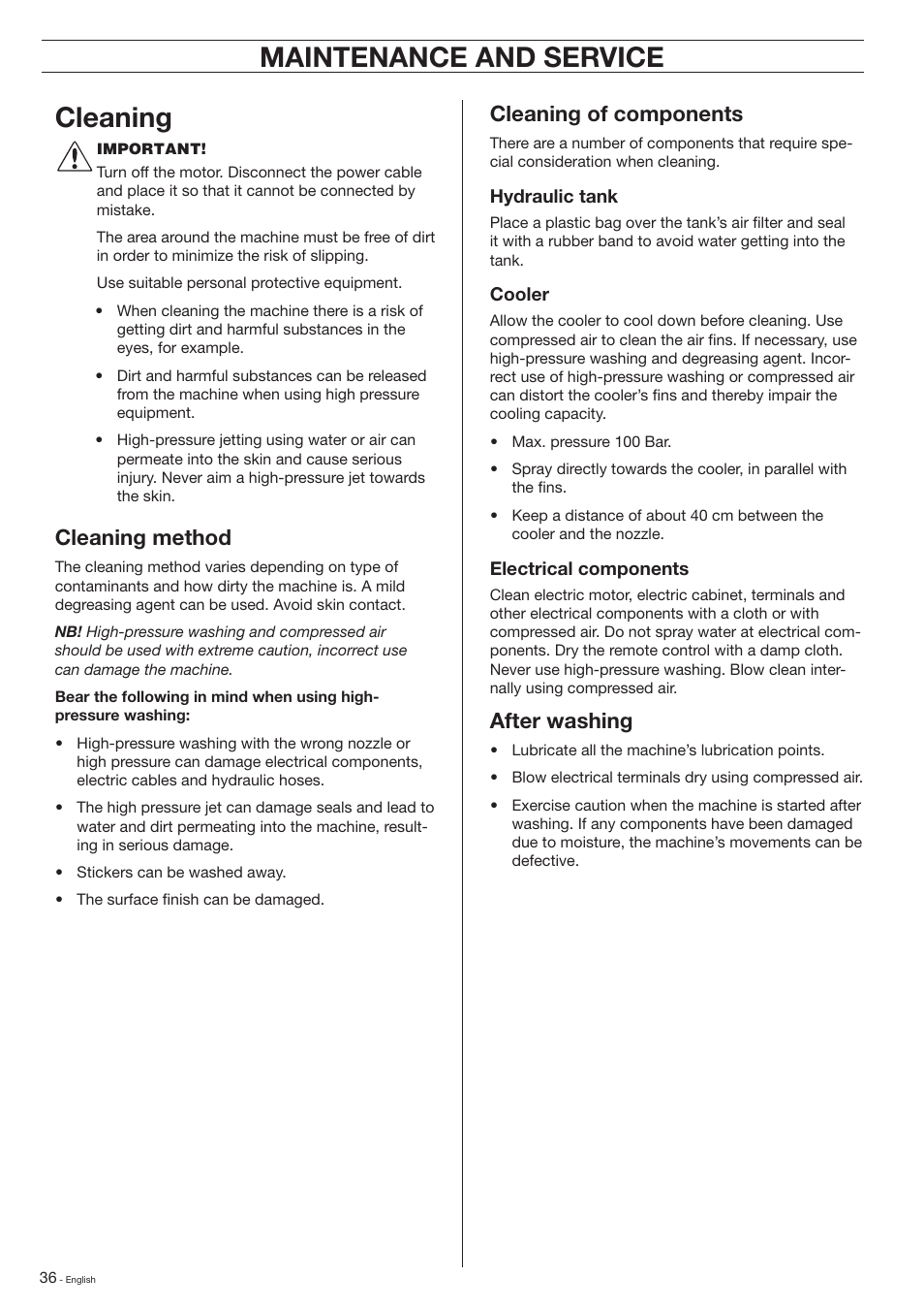 Maintenance and service cleaning, Cleaning method, Cleaning of components | After washing | Husqvarna DXR-310 User Manual | Page 36 / 60
