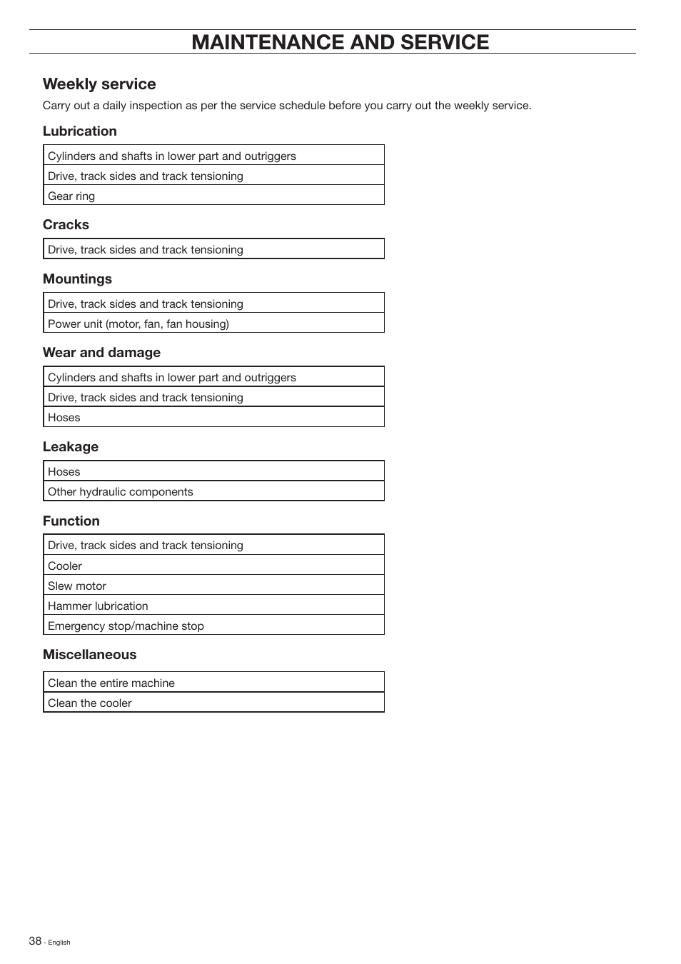 Maintenance and service, Weekly service | Husqvarna DXR-310 User Manual | Page 38 / 60